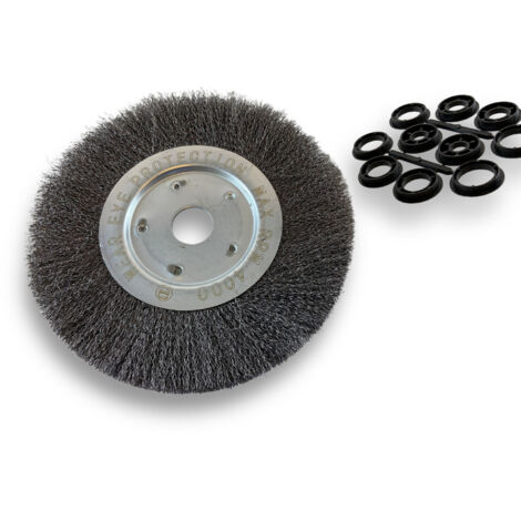 Brosse circulaire ACIER Ø 250 mm Epaisseur 1 rang Fil dur 0.30 mm ondulé Alésage 32 mm + réducteur bague 25/22/20/16/12 mm Touret meuleuse affûteuse ponceuse Kibros 211251AT