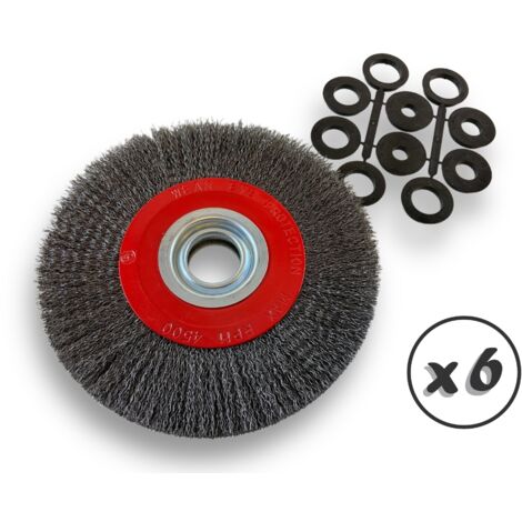 Lot de 6 brosses circulaires ACIER Ø 200 mm Epaisseur 3 rangs Fil dur 0.30 mm ondulé Alésage 32 mm + réducteur bague 25/22/20/16/12 mm Touret affûteuse ponceuse Kibros 238203ATx6