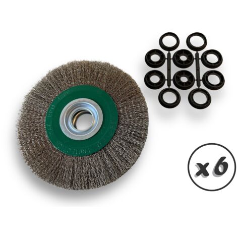 Lot de 6 brosses circulaires INOX Ø 200 mm Epaisseur 3 rangs Fil dur 0.30 mm ondulé Alésage 32 mm + réducteur bague 25/22/20/16/12 mm Touret affûteuse ponceuse Kibros 238203ITx6