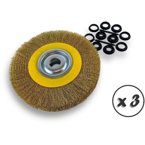 Lot de 3 brosses circulaires LAITON Ø 250 mm Epaisseur 3 rangs Fil dur 0.30 mm ondulé Alésage 32 mm + réducteur bague 25/22/20/16/12 mm Touret affûteuse ponceuse Kibros 231253LTx3