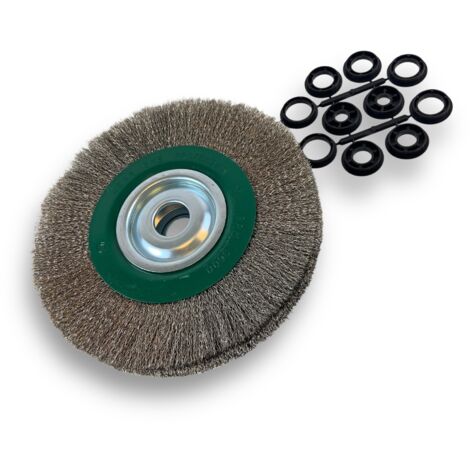 Brosse circulaire INOX Ø 250 mm Epaisseur 3 rangs Fil dur 0.30 mm ondulé Alésage 32 mm + réducteur bague 25/22/20/16/12 mm Touret meuleuse affûteuse ponceuse Kibros 231253IT