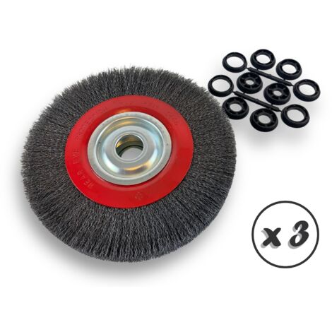 Lot de 3 brosses circulaires ACIER Ø 250 mm Epaisseur 3 rangs Fil dur 0.30 mm ondulé Alésage 32 mm + réducteur bague 25/22/20/16/12 mm Touret affûteuse ponceuse Kibros 231253ATx3