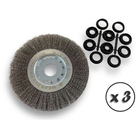 Lot de 3 brosses circulaires INOX Ø 200 mm Epaisseur 1 rang Fil dur 0.30 mm ondulé Alésage 32 mm + réducteur bague 25/22/20/16/12 mm Touret affûteuse ponceuse Kibros 218201ITx3