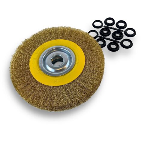 Brosse circulaire LAITON  Ø 250 mm  Epaisseur 3 rangs  Fil dur 0.30 mm ondulé  Alésage 32 mm + réducteur bague 25/22/20/16/12 mm  Touret meuleuse affûteuse ponceuse  Kibros 231253LT
