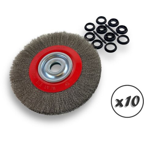 Lot de 10 brosses circulaires INOX Ø 250 mm Epaisseur 2 rangs Fil souple 0.20 mm ondulé Alésage 32 mm + réducteur bague 25/22/20/16/12 mm Touret affûteuse ponceuse Kibros 231252IVx10