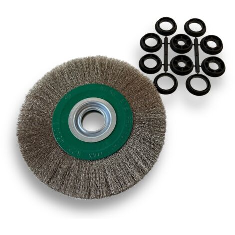 Brosse circulaire INOX  Ø 200 mm  Epaisseur 3 rangs  Fil souple 0.20 mm ondulé  Alésage 32 mm + réducteur bague 25/22/20/16/12 mm  Touret meuleuse affûteuse ponceuse  Kibros 238203IV