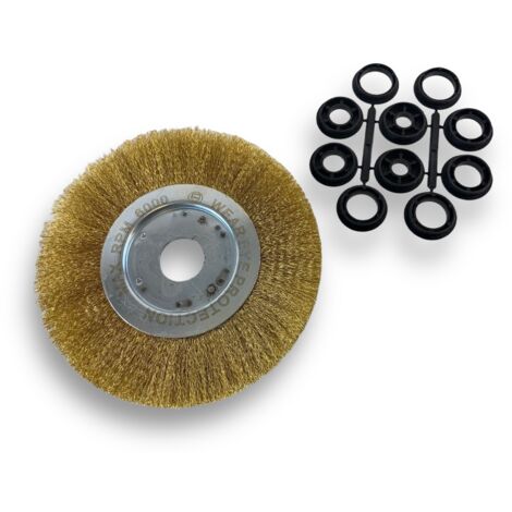 Brosse circulaire LAITON Ø 200 mm Epaisseur 1 rang Fil souple 0.20 mm ondulé Alésage 32 mm + réducteur bague 25/22/20/16/12 mm Touret meuleuse affûteuse ponceuse Kibros 218201LV