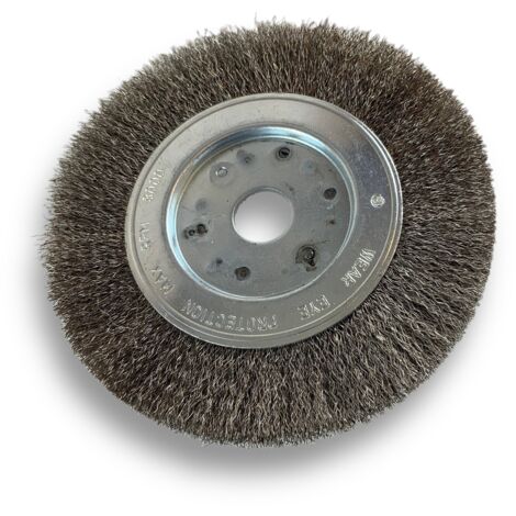 Brosse circulaire INOX  Ø 150 mm  Epaisseur 1 rang  Fil souple 0.20 mm ondulé  Alésage 20 mm + réducteur bague 16/12 mm  Touret meuleuse affûteuse ponceuse  Kibros 215151IV