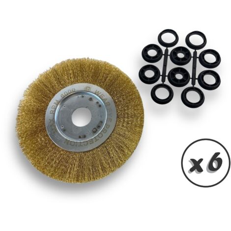 Lot de 6 brosses circulaires LAITON  Ø 200 mm  Epaisseur 1 rang  Fil souple 0.20 mm ondulé  Alésage 32 mm + réducteur bague 25/22/20/16/12 mm  Touret affûteuse ponceuse  Kibros 218201LVx6