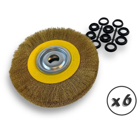 Lot de 6 brosses circulaires LAITON Ø 250 mm Epaisseur 3 rangs Fil souple 0.20 mm ondulé Alésage 32 mm + réducteur bague 25/22/20/16/12 mm Touret affûteuse ponceuse Kibros 231253LVx6
