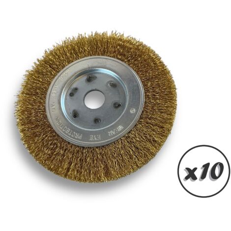 Lot de 10 brosses circulaires LAITON  Ø 150 mm  Epaisseur 1 rang  Fil dur 0.30 mm ondulé  Alésage 20 mm + réducteur bague 16/12 mm  Touret meuleuse affûteuse ponceuse  Kibros 215151LTx10