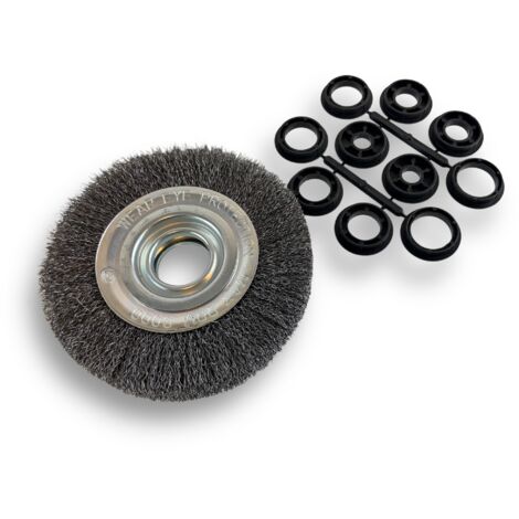 Brosse circulaire ACIER  Ø 150 mm  Epaisseur 3 rangs  Fil dur 0.30 mm ondulé  Alésage 32 mm + réducteur bague 25/22/20/16/12 mm  Touret meuleuse affûteuse ponceuse  Kibros 235153AT