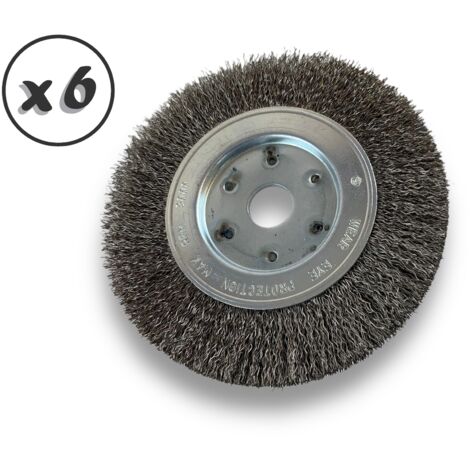 Lot de 6 brosses circulaires INOX  Ø 150 mm  Epaisseur 1 rang  Fil dur 0.30 mm ondulé  Alésage 20 mm + réducteur bague 16/12 mm  Touret meuleuse affûteuse ponceuse  Kibros 215151ITx6