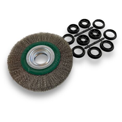 Brosse circulaire INOX Ø 150 mm Epaisseur 3 rangs Fil souple 0.20 mm ondulé Alésage 32 mm + réducteur bague 25/22/20/16/12 mm Touret meuleuse affûteuse ponceuse Kibros 235153IV