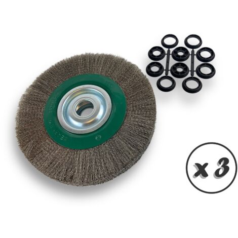 Lot de 3 brosses circulaires INOX  Ø 250 mm  Epaisseur 3 rangs  Fil souple 0.20 mm ondulé  Alésage 32 mm + réducteur bague 25/22/20/16/12 mm  Touret affûteuse ponceuse  Kibros 231253IVx3