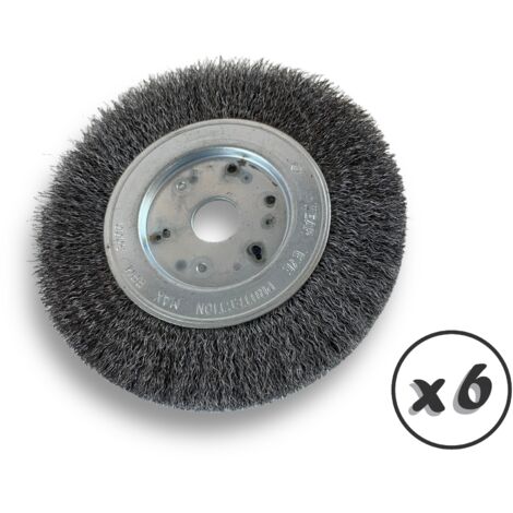 Lot de 6 brosses circulaires ACIER Ø 150 mm Epaisseur 1 rang Fil souple 0.20 mm ondulé Alésage 20 mm + réducteur bague 16/12 mm Touret meuleuse affûteuse ponceuse Kibros 215151AVx6