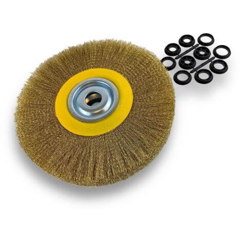 Brosse circulaire LAITON Ø 300 mm Epaisseur 3 rangs Fil dur 0.30 mm ondulé Alésage 32 mm + réducteur bague 25/22/20/16/12 mm Touret meuleuse affûteuse ponceuse Kibros 231303LT (1/5)