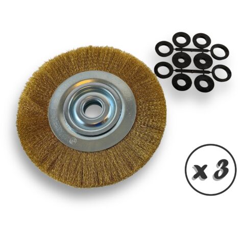 Lot de 3 brosses circulaires LAITON  Ø 250 mm  Epaisseur 2 rangs  Fil souple 0.20 mm ondulé  Alésage 32 mm + réducteur bague 25/22/20/16/12 mm  Touret affûteuse ponceuse  Kibros 231252LVx3