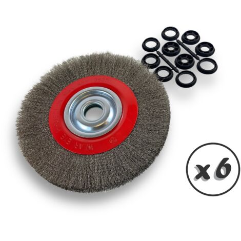 Lot de 6 brosses circulaires INOX Ø 250 mm Epaisseur 2 rangs Fil souple 0.20 mm ondulé Alésage 32 mm + réducteur bague 25/22/20/16/12 mm Touret affûteuse ponceuse Kibros 231252IVx6