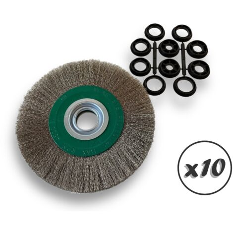 Lot de 10 brosses circulaires INOX Ø 200 mm Epaisseur 3 rangs Fil souple 0.20 mm ondulé Alésage 32 mm + réducteur bague 25/22/20/16/12 mm Touret affûteuse ponceuse Kibros 238203IVx10