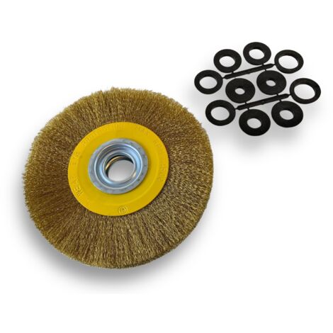 Brosse circulaire LAITON  Ø 200 mm  Epaisseur 3 rangs  Fil souple 0.20 mm ondulé  Alésage 32 mm + réducteur bague 25/22/20/16/12 mm  Touret meuleuse affûteuse ponceuse  Kibros 238203LV