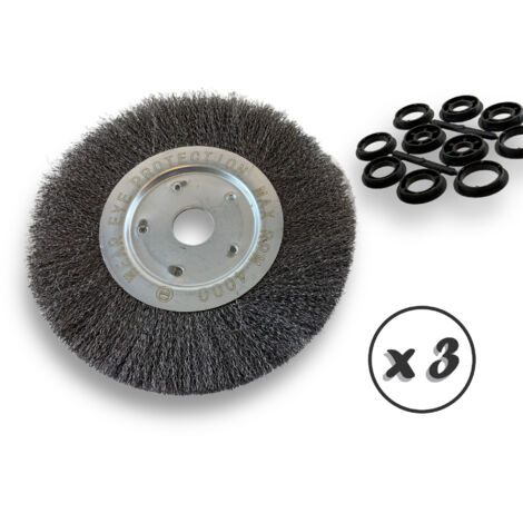 Lot de 3 brosses circulaires ACIER Ø 250 mm Epaisseur 1 rang Fil dur 0.30 mm ondulé Alésage 32 mm + réducteur bague 25/22/20/16/12 mm Touret affûteuse ponceuse Kibros 211251ATx3