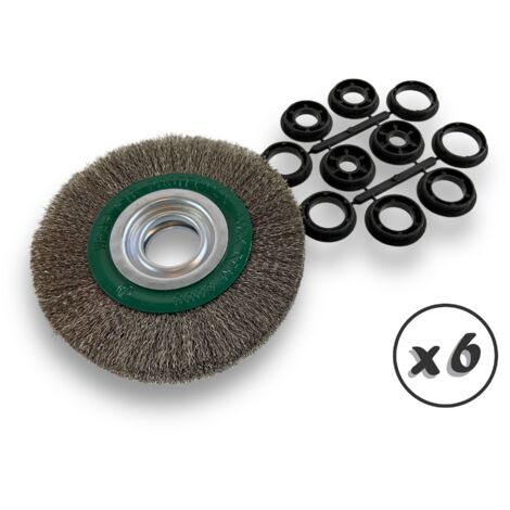 Lot de 6 brosses circulaires INOX Ø 150 mm Epaisseur 3 rangs Fil souple 0.20 mm ondulé Alésage 32 mm + réducteur bague 25/22/20/16/12 mm Touret affûteuse ponceuse Kibros 235153IVx6