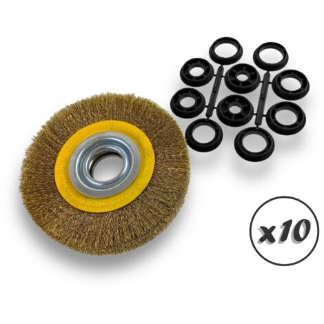 Lot de 10 brosses circulaires LAITON Ø 150 mm Epaisseur 3 rangs Fil souple 0.20 mm ondulé Alésage 32 mm + réducteur bague 25/22/20/16/12 mm Touret affûteuse ponceuse Kibros 235153LVx10