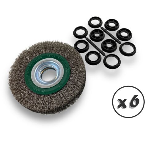 Lot de 6 brosses circulaires INOX  Ø 150 mm  Epaisseur 3 rangs  Fil dur 0.30 mm ondulé  Alésage 32 mm + réducteur bague 25/22/20/16/12 mm  Touret affûteuse ponceuse  Kibros 235153ITx6