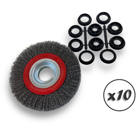 Lot de 10 brosses circulaires ACIER Ø 150 mm Epaisseur 2 rangs Fil dur 0.30 mm ondulé Alésage 32 mm + réducteur bague 25/22/20/16/12 mm Touret affûteuse ponceuse Kibros 235152ATx10
