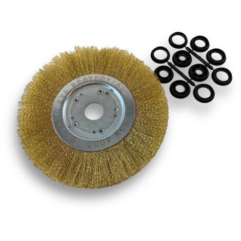 Brosse circulaire LAITON Ø 250 mm Epaisseur 1 rang Fil dur 0.30 mm ondulé Alésage 32 mm + réducteur bague 25/22/20/16/12 mm Touret meuleuse affûteuse ponceuse Kibros 211251LT