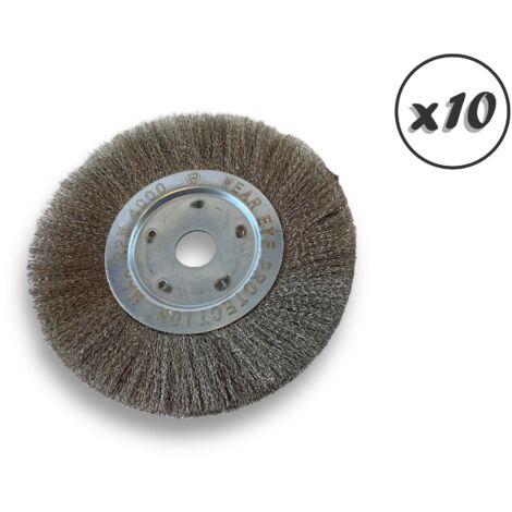 Lot de 10 brosses circulaires INOX Ø 250 mm Epaisseur 1 rang Fil souple 0.20 mm ondulé Alésage 32 mm + réducteur bague 25/22/20/16/12 mm Touret affûteuse ponceuse Kibros 211251IVx10