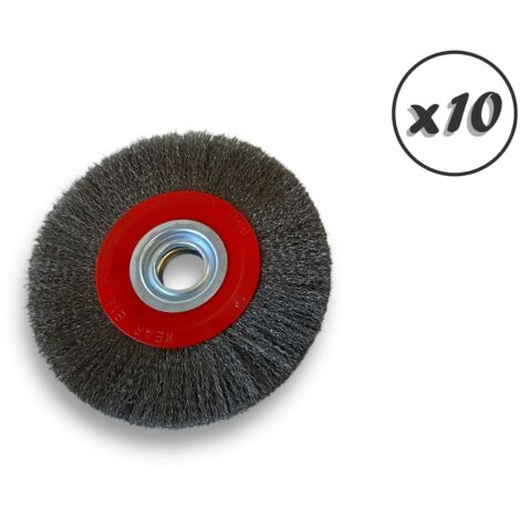 Lot de 10 brosses circulaires ACIER Ø 200 mm Epaisseur 3 rangs Fil souple 0.20 mm ondulé Alésage 32 mm + réducteur bague 25/22/20/16/12 mm Touret affûteuse ponceuse Kibros 238203AVx10