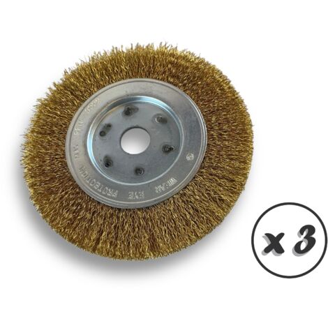 Lot de 3 brosses circulaires LAITON Ø 150 mm Epaisseur 1 rang Fil dur 0.30 mm ondulé Alésage 20 mm + réducteur bague 16/12 mm Touret meuleuse affûteuse ponceuse Kibros 215151LTx3