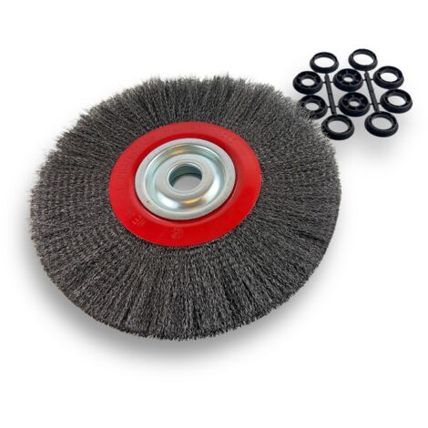Brosse circulaire ACIER  Ø 300 mm  Epaisseur 2 rangs  Fil dur 0.30 mm ondulé  Alésage 32 mm + réducteur bague 25/22/20/16/12 mm  Touret meuleuse affûteuse ponceuse  Kibros 231302AT
