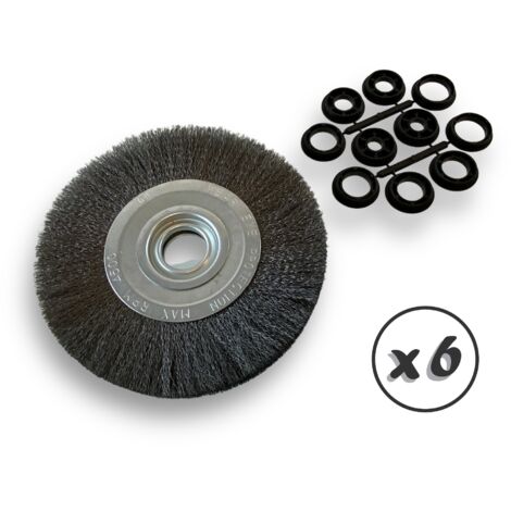 Lot de 6 brosses circulaires ACIER Ø 200 mm Epaisseur 2 rangs Fil dur 0.30 mm ondulé Alésage 32 mm + réducteur bague 25/22/20/16/12 mm Touret affûteuse ponceuse Kibros 238202ATx6
