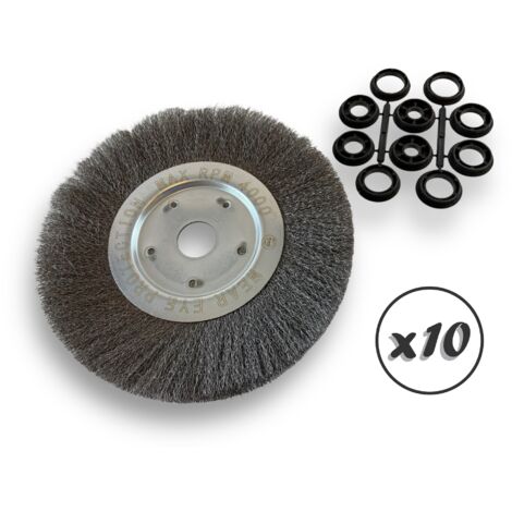 Lot de 10 brosses circulaires ACIER  Ø 250 mm  Epaisseur 1 rang  Fil souple 0.20 mm ondulé  Alésage 32 mm + réducteur bague 25/22/20/16/12 mm  Touret affûteuse ponceuse  Kibros 211251AVx10