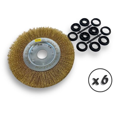 Lot de 6 brosses circulaires LAITON Ø 200 mm Epaisseur 1 rang Fil dur 0.30 mm ondulé Alésage 32 mm + réducteur bague 25/22/20/16/12 mm Touret affûteuse ponceuse Kibros 218201LTx6