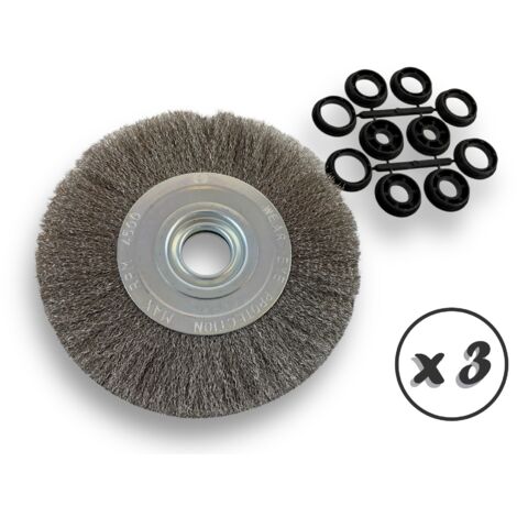 Lot de 3 brosses circulaires INOX  Ø 200 mm  Epaisseur 2 rangs  Fil souple 0.20 mm ondulé  Alésage 32 mm + réducteur bague 25/22/20/16/12 mm  Touret affûteuse ponceuse  Kibros 238202IVx3