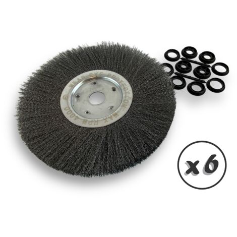 Lot de 6 brosses circulaires ACIER Ø 300 mm Epaisseur 1 rang Fil dur 0.30 mm ondulé Alésage 32 mm + réducteur bague 25/22/20/16/12 mm Touret affûteuse ponceuse Kibros 211301ATx6