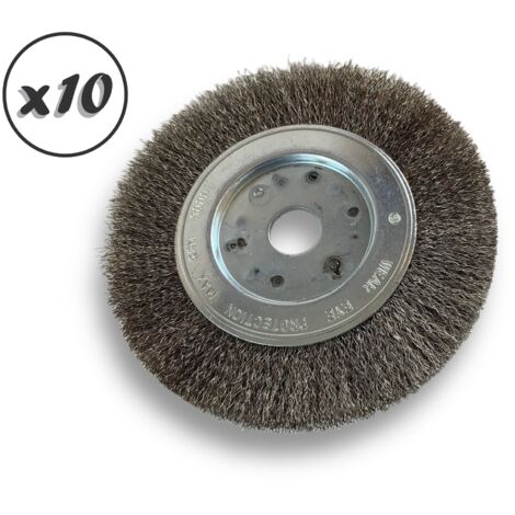 Lot de 10 brosses circulaires INOX Ø 150 mm Epaisseur 1 rang Fil souple 0.20 mm ondulé Alésage 20 mm + réducteur bague 16/12 mm Touret meuleuse affûteuse ponceuse Kibros 215151IVx10