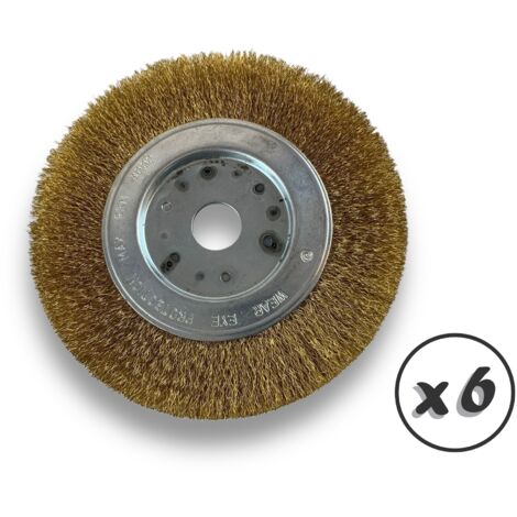 Lot de 6 brosses circulaires LAITON Ø 150 mm Epaisseur 1 rang Fil souple 0.20 mm ondulé Alésage 20 mm + réducteur bague 16/12 mm Touret meuleuse affûteuse ponceuse Kibros 215151LVx6