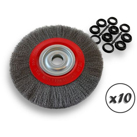 Lot de 10 brosses circulaires ACIER Ø 250 mm Epaisseur 2 rangs Fil souple 0.20 mm ondulé Alésage 32 mm + réducteur bague 25/22/20/16/12 mm Touret affûteuse ponceuse Kibros 231252AVx10