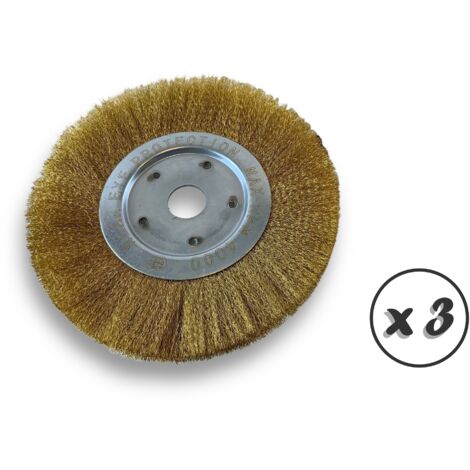 Lot de 3 brosses circulaires LAITON Ø 250 mm Epaisseur 1 rang Fil souple 0.20 mm ondulé Alésage 32 mm + réducteur bague 25/22/20/16/12 mm Touret affûteuse ponceuse Kibros 211251LVx3