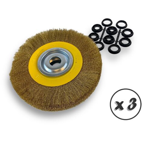 Lot de 3 brosses circulaires LAITON Ø 250 mm Epaisseur 3 rangs Fil souple 0.20 mm ondulé Alésage 32 mm + réducteur bague 25/22/20/16/12 mm Touret affûteuse ponceuse Kibros 231253LVx3