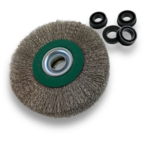Brosse circulaire INOX Ø 125 mm Epaisseur 3 rangs Fil souple 0.20 mm ondulé Alésage 16 mm Touret meuleuse affûteuse ponceuse Brossage décapage polissage dérouillage Kibros 234128IV (1/5)
