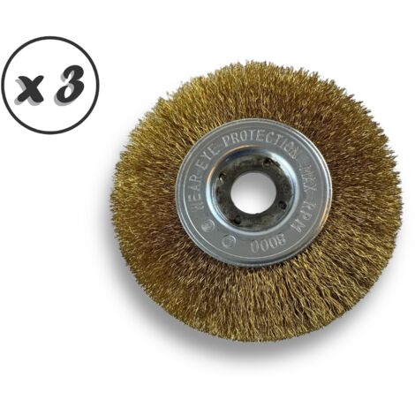 Lot de 3 brosses circulaires LAITON Ø 125 mm Epaisseur 1 rang Fil souple 0.20 mm ondulé Alésage 16 mm Touret meuleuse affûteuse ponceuse Brossage décapage polissage Kibros 214126LVx3