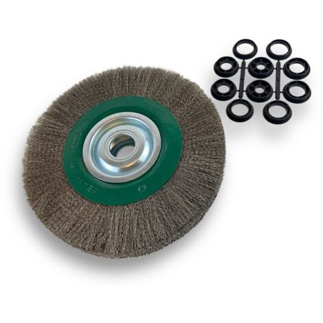 Brosse circulaire INOX Ø 250 mm Epaisseur 3 rangs Fil souple 0.20 mm ondulé Alésage 32 mm + réducteur bague 25/22/20/16/12 mm Touret meuleuse affûteuse ponceuse Kibros 231253IV
