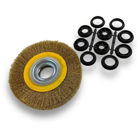 Brosse circulaire LAITON Ø 150 mm Epaisseur 3 rangs Fil souple 0.20 mm ondulé Alésage 32 mm + réducteur bague 25/22/20/16/12 mm Touret meuleuse affûteuse ponceuse Kibros 235153LV