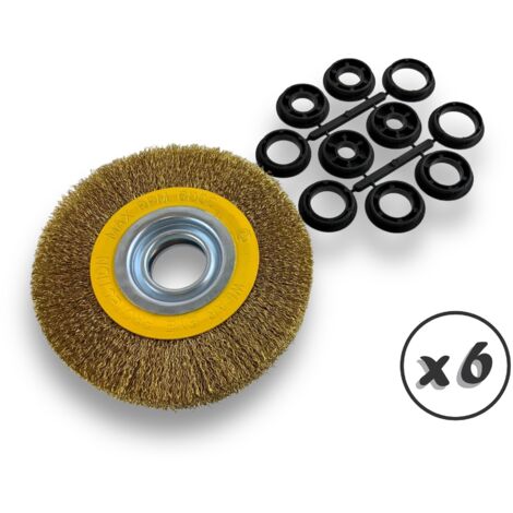 Lot de 6 brosses circulaires LAITON Ø 150 mm Epaisseur 3 rangs Fil dur 0.30 mm ondulé Alésage 32 mm + réducteur bague 25/22/20/16/12 mm Touret affûteuse ponceuse Kibros 235153LTx6